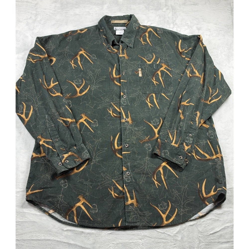 Columbia River Lodge Men XXL Antler Hunting Corduroy Shirt Green Outdoor Deer
